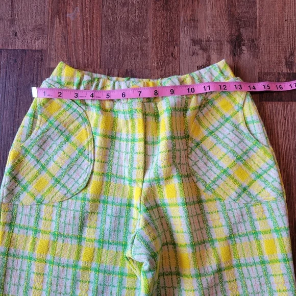 Vintage 70s Jan Celeste Yellow Green Plaid Elastic High Waist Pants - Picture 5 of 7
